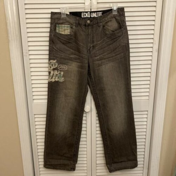 Ecko Unltd Mens Jeans Size 34x34 Black Embroidered Distressed - Picture 2 of 7
